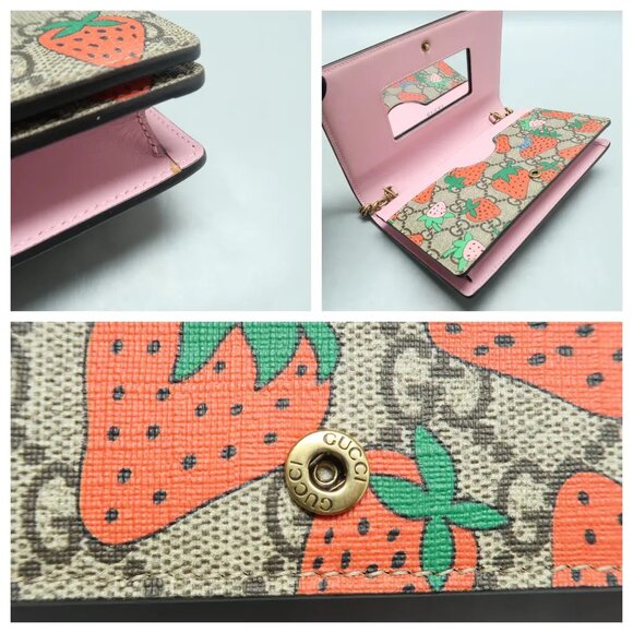 Authentic GUCCI Chain Wallet Brown Strawberry Canvas Shoulder Bag 778-121424 - Picture 5 of 12